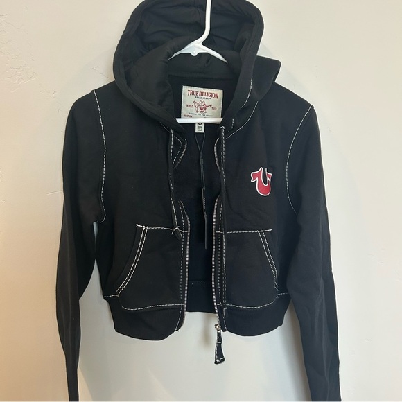 Women’s True Religion Shruken Zip Up Hoodie Big T, Black, Medium - Picture 7 of 10